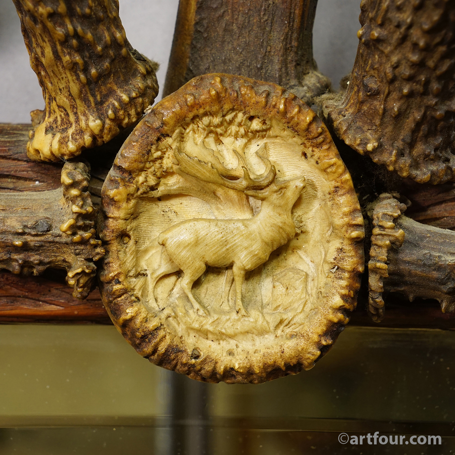 Antique Black Forest Mirror with Antler Arrangement ca. 1920s