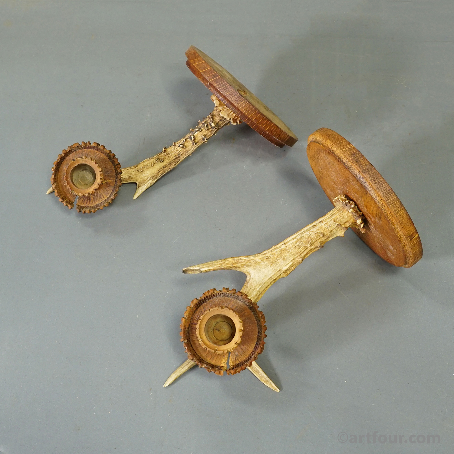 A Pair Great Black Forest Wall Sconces with Deer Antlers, Germany ca. 1950