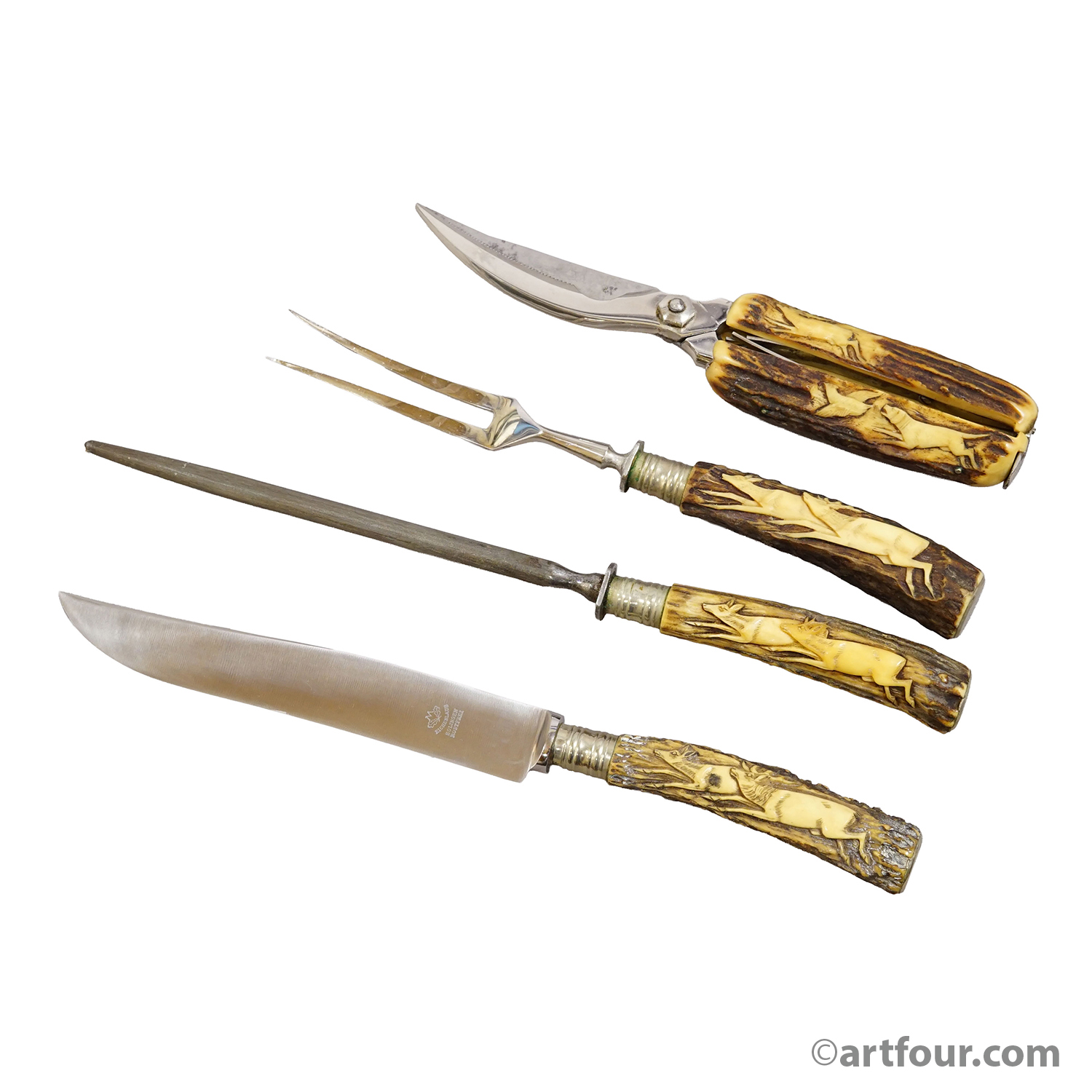 Antique Stainless Steel and Carved Horn 4-piece Cutlery Set Solingen, 1900s