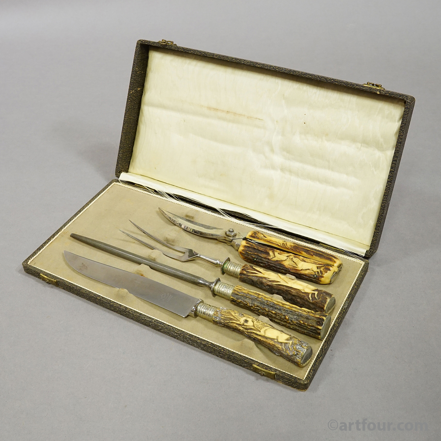 Antique Stainless Steel and Carved Horn 4-piece Cutlery Set Solingen, 1900s