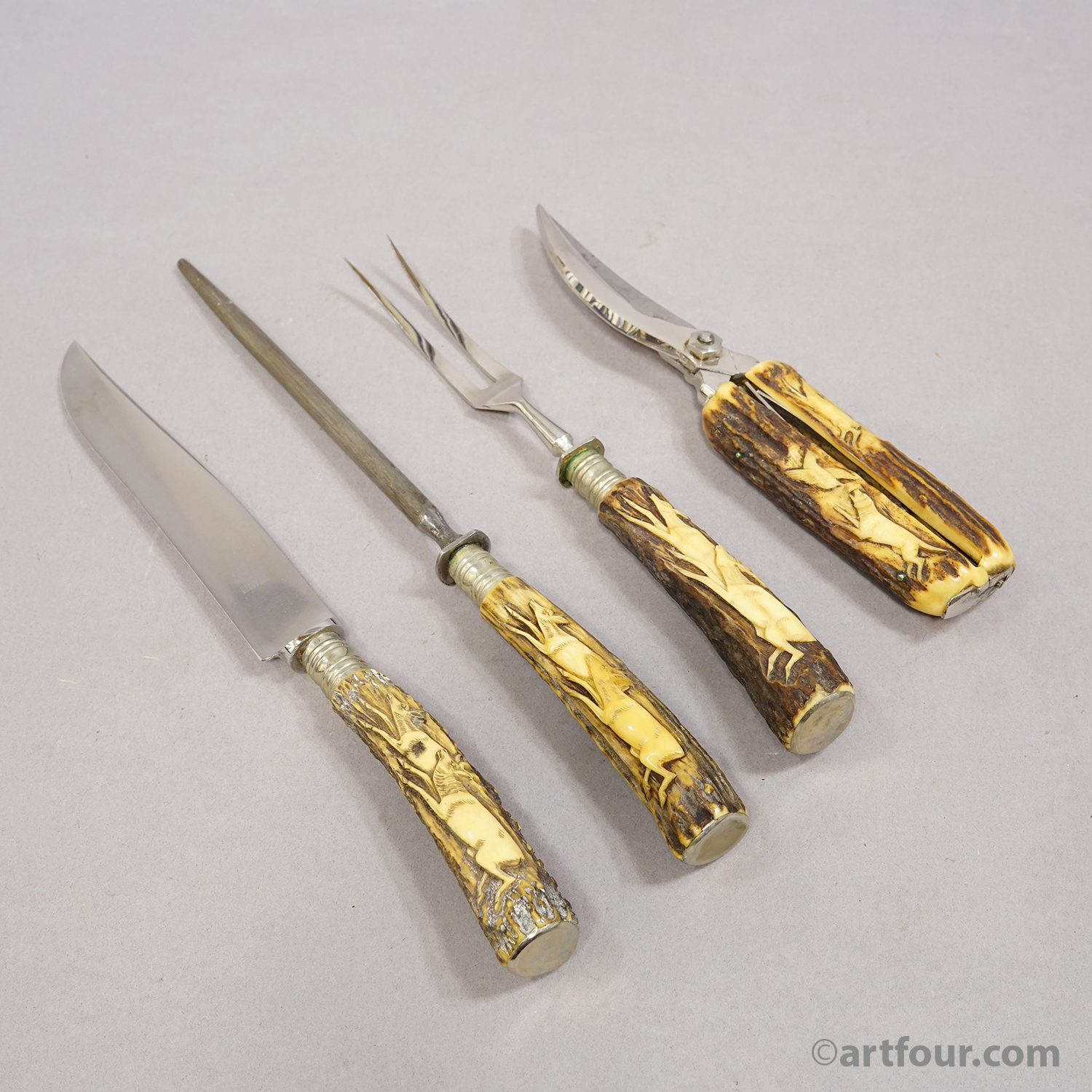 Antique Stainless Steel and Carved Horn 4-piece Cutlery Set Solingen, 1900s