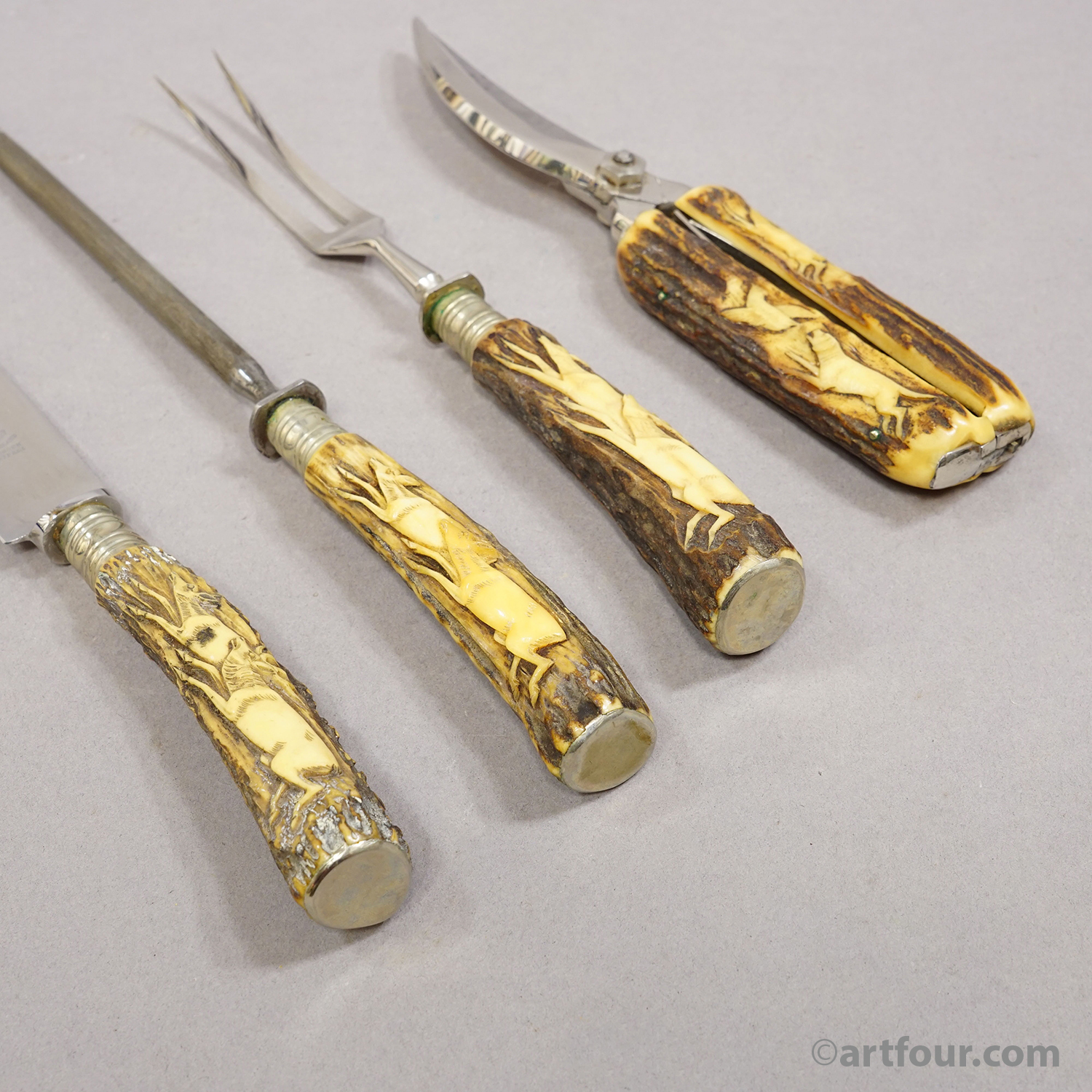 Antique Stainless Steel and Carved Horn 4-piece Cutlery Set Solingen, 1900s