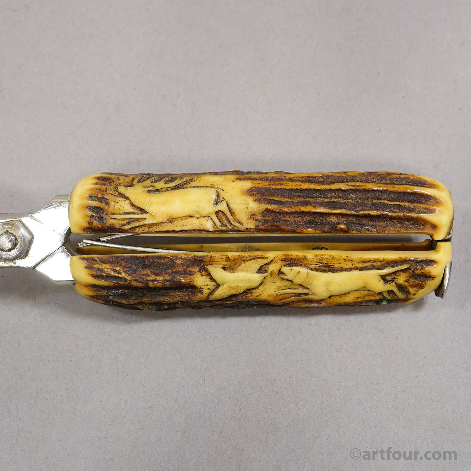 Antique Stainless Steel and Carved Horn 4-piece Cutlery Set Solingen, 1900s