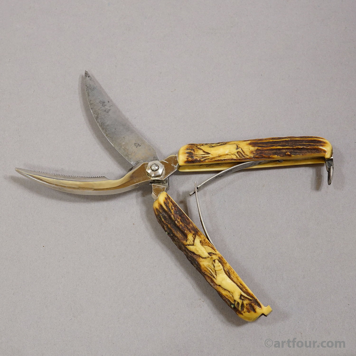 Antique Stainless Steel and Carved Horn 4-piece Cutlery Set Solingen, 1900s