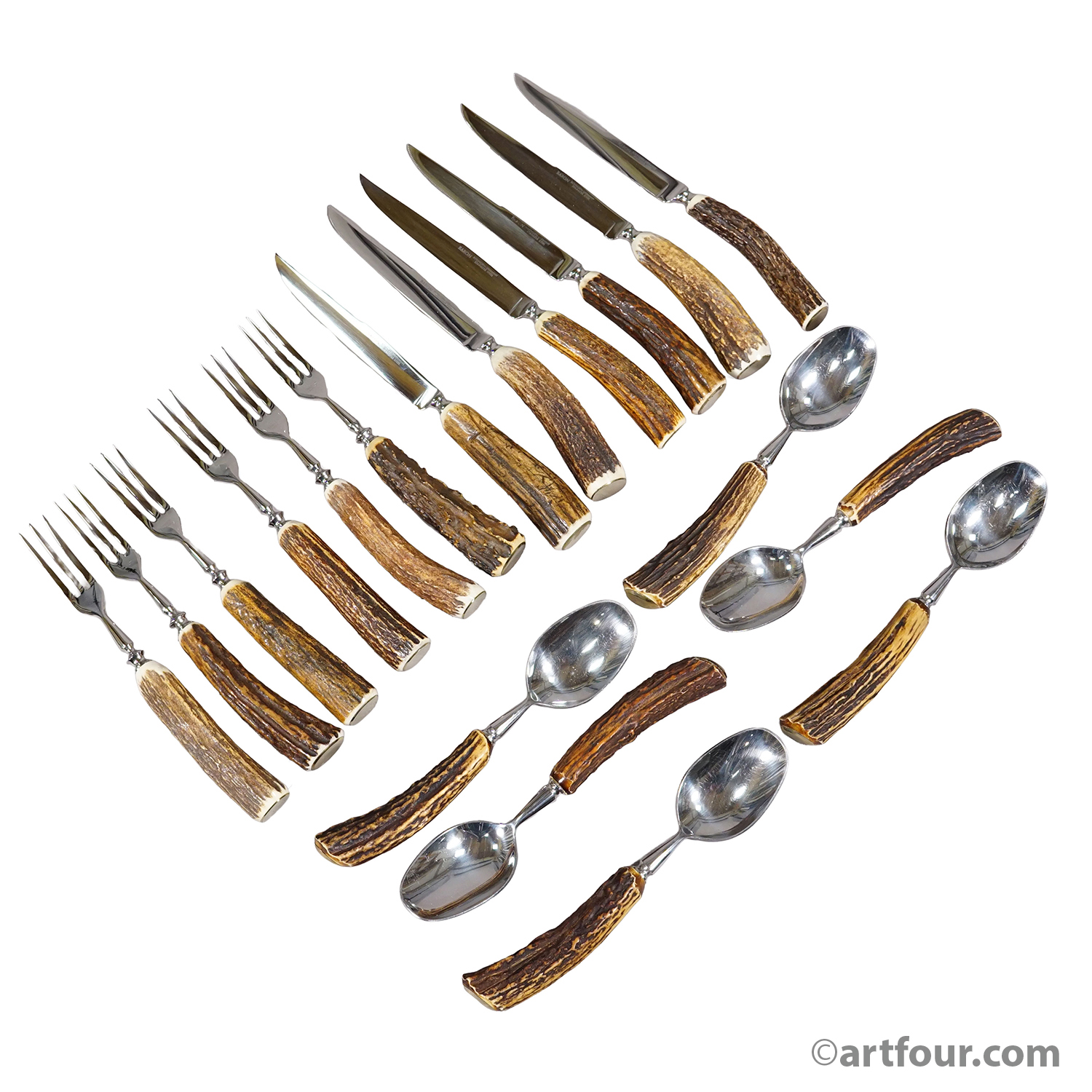 Vintage 18-Piece Hunting Flatware Set with Stag Horn Handles, Solingen, 1960s
