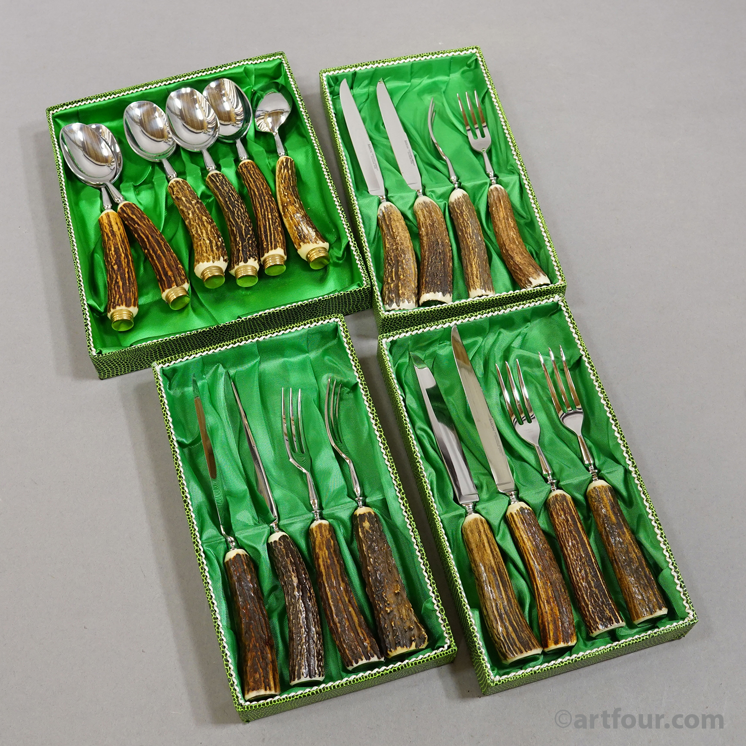 Vintage 18-Piece Hunting Flatware Set with Stag Horn Handles, Solingen, 1960s