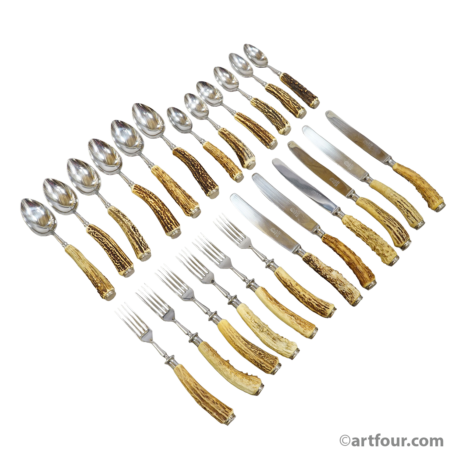 Vintage 24-Piece Hunting Flatware Set with Stag Horn Handles, Solingen, 1960s