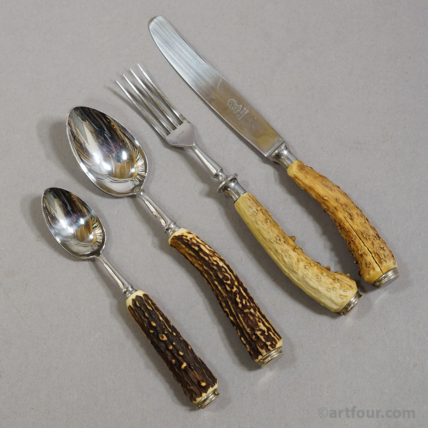 Vintage 24-Piece Hunting Flatware Set with Stag Horn Handles, Solingen, 1960s