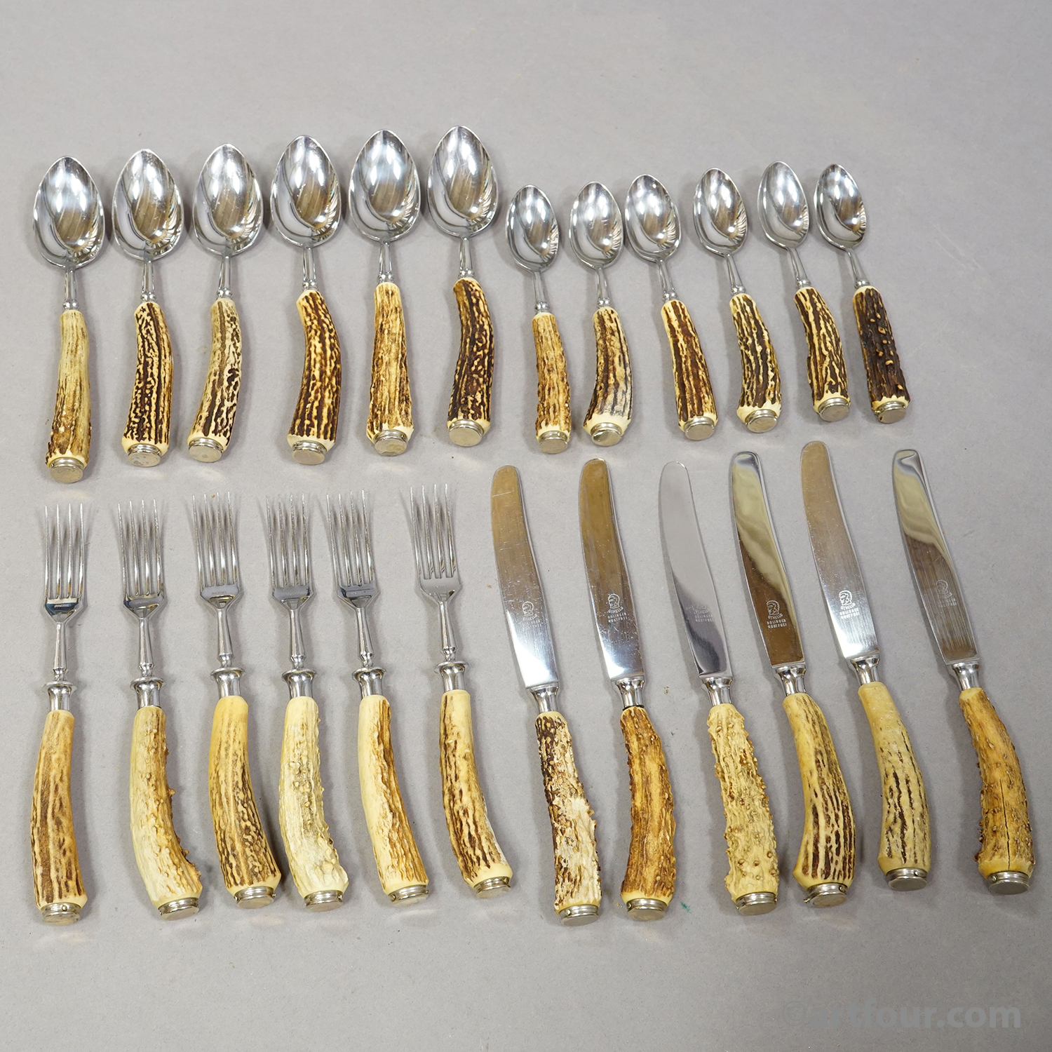 Vintage 24-Piece Hunting Flatware Set with Stag Horn Handles, Solingen, 1960s