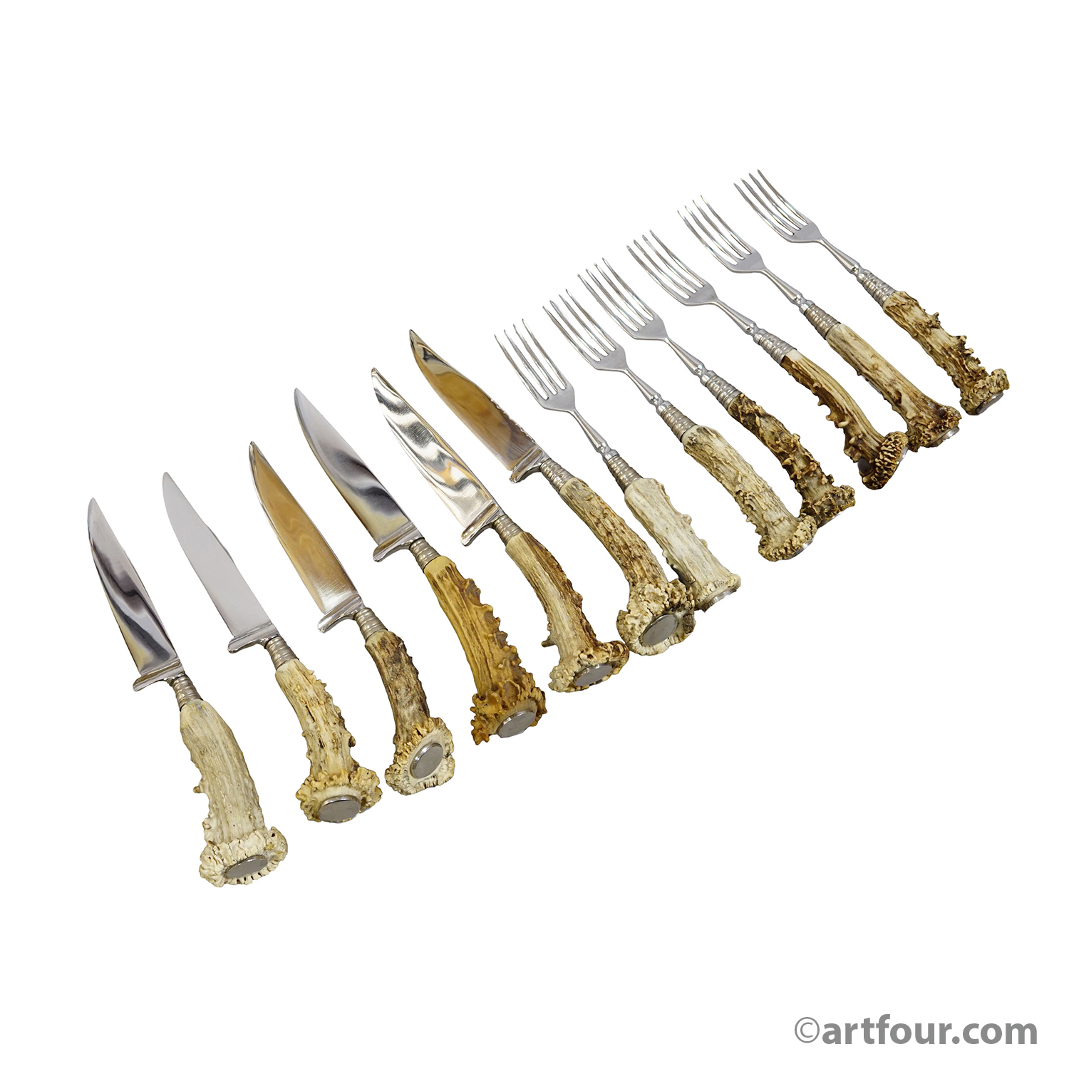 Vintage 12-Piece Hunting Flatware Set with Deer Horn Handles, Solingen, 1930s