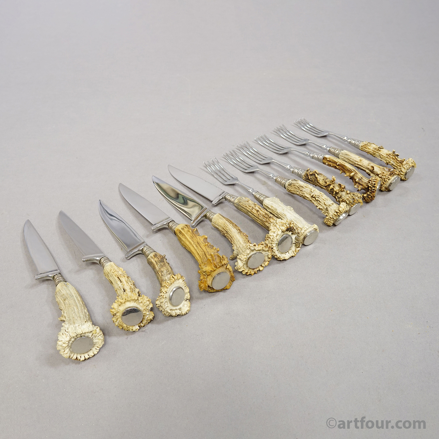 Vintage 12-Piece Hunting Flatware Set with Deer Horn Handles, Solingen, 1930s