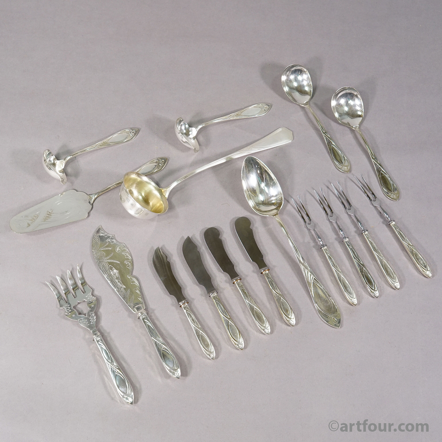 Antique 248 pcs. Art Nouveau Flatware Set with Cabinet by H. A. Juerst