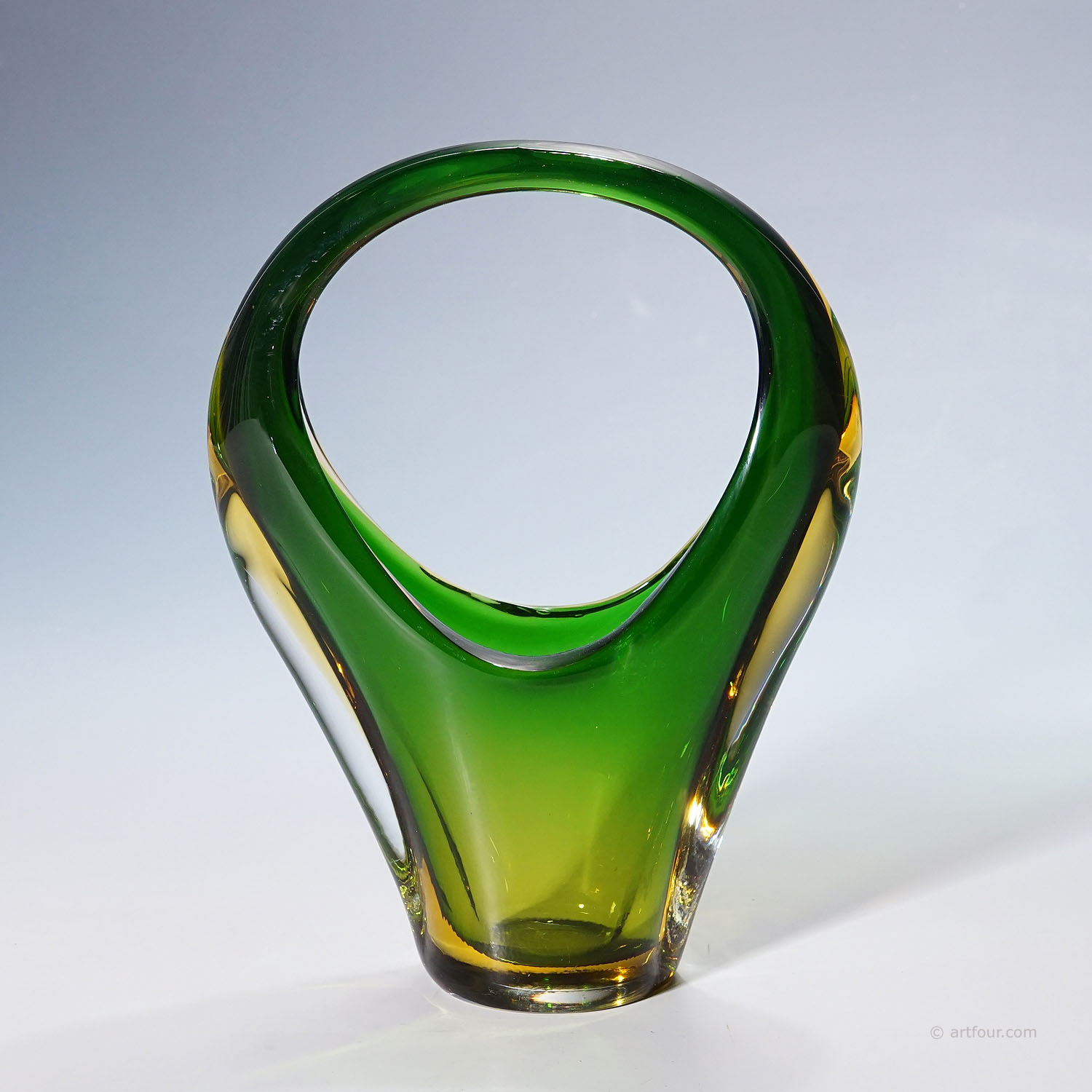 Archimede Seguso Sommerso Basket in Green and Amber, Murano Italy ca. 1950s
