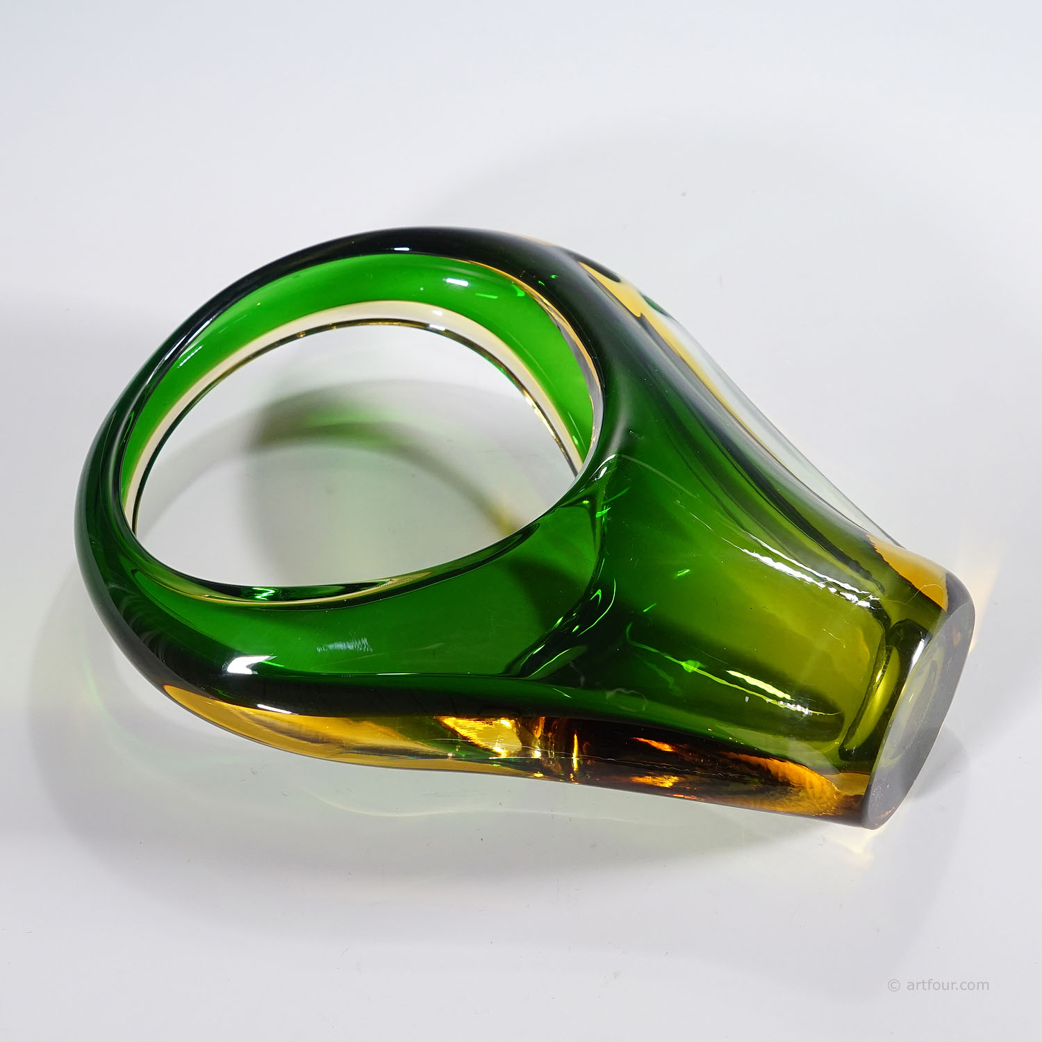 Archimede Seguso Sommerso Basket in Green and Amber, Murano Italy ca. 1950s
