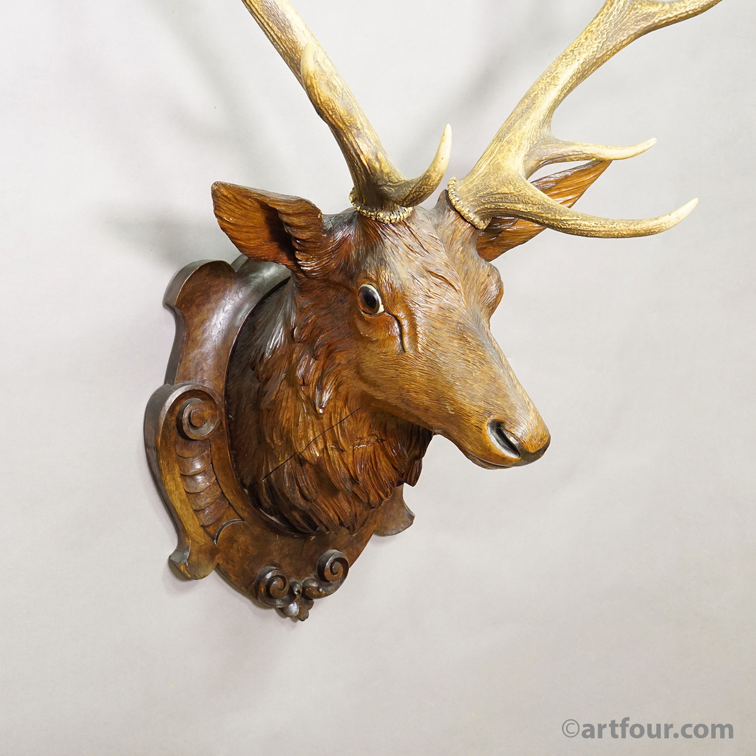 Antique Large Naturalistic Black Forest Carved Deer Head, ca. 1930s
