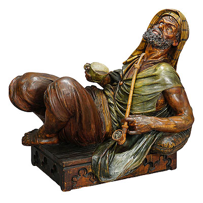 Wooden Carved Sculpture Arab with Coffee and Pipe, Vienna ca. 1900.