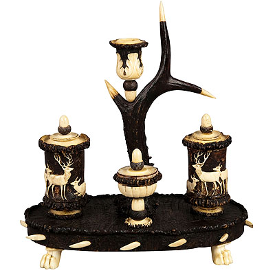 image of Rare Antler Desk Standish with Elaborate Carvings, Germany ca. 1840