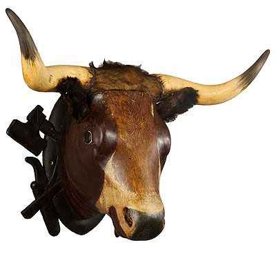 Very large Wooden Carved Bull Head from a Butchery ca. 1880.