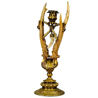 image of Lodge Style Antler Candleholder with Handforged Brass Base ca. 1880