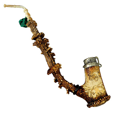 image of Carved Horn Hunters Pipe 1860 in the Style of Lebrecht Wilhelm Schulz