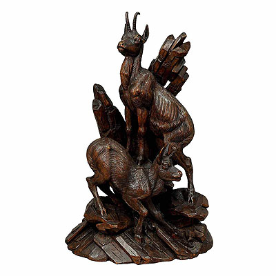 Carved Wood Chamois Group, Austria ca. 1900.