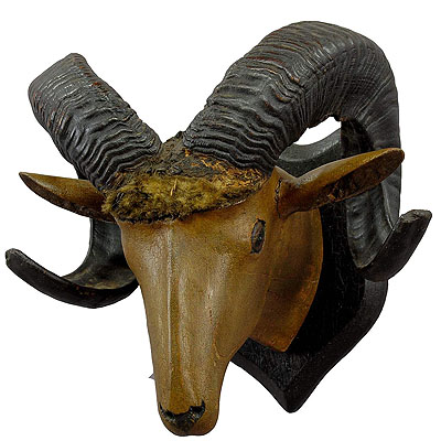 image of Folksy Carved Wood Ram Head 1900