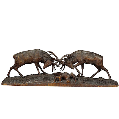 image of Outstanding Wooden Carved Fighting Stags by K. Bach 1946