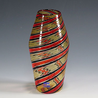 image of Fratelli Toso 'A Canne' Vase in Red, Yellow and Black, Murano, Italy ca. 1965