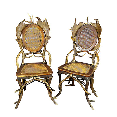 Pair Antique Rustic Antler Parlor Chairs, Germany ca. 1900.