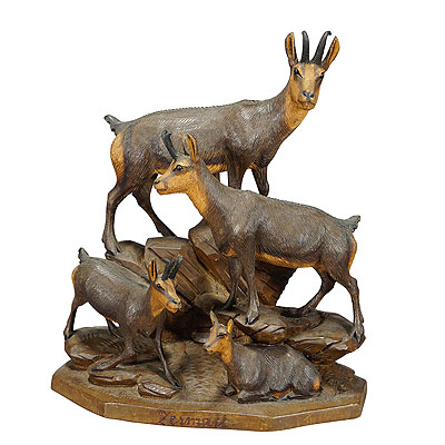 Fine Carved Wood Chamois Family by Ernst Heissl ca. 1900.