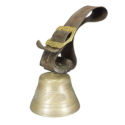 image of Antique Swiss Alpine Cow Bell with Leather Strap ca. 1900