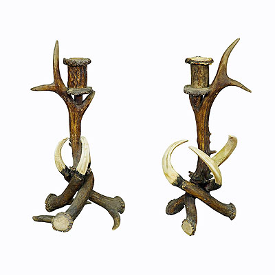 image of Pair of Stylish Cabin Decor Antler Candle Holders, Germany ca. 1900