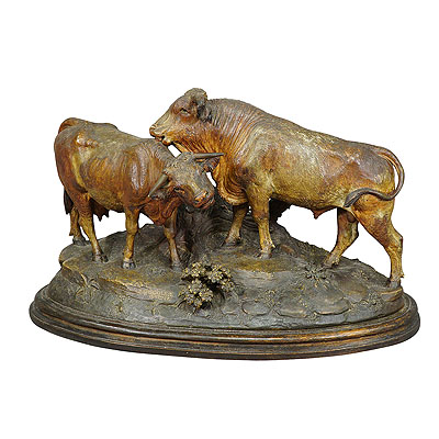 Large Carved Bull and Cattle Group by Johann Huggler, Brienz ca. 1870.