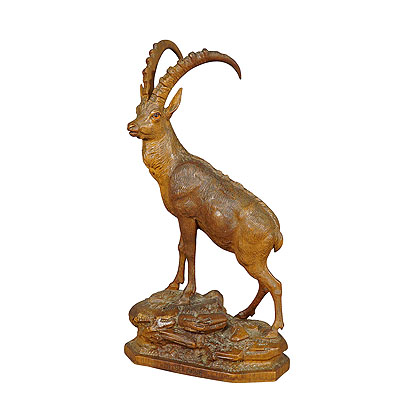 image of Black Forest Woodcarving Ibex Sculpture, Swizerland ca. 1900