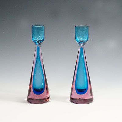 Seguso Vetri d'Arte (attr.) Murano Sommerso Glass Candle Sticks 1960s.