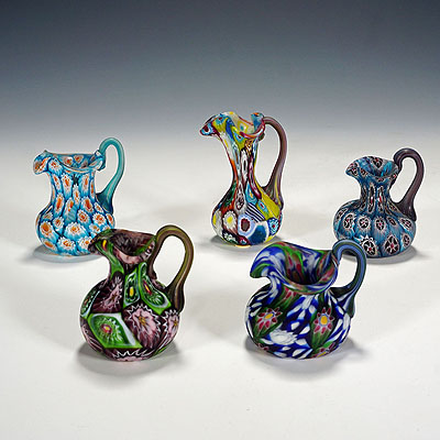 Five small Fratelli Toso Millefiori Jars, Murano circa 1910.
