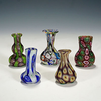 image of Five small Fratelli Toso Millefiori Vases, Murano circa 1910