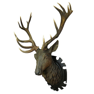 image of Monumental Black Forest Carved Stag Head with Large Antlers ca. 1890