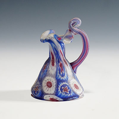 Fratelli Toso Millefiori Pitcher in Blue, Red and White, Murano 1910.