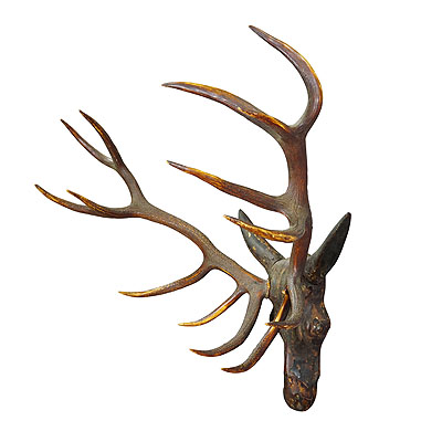 Sculptural Antique Wooden Carved Black Forest Baroque Deer Head.