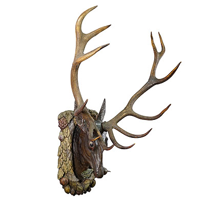 Large Antique Wooden Carved Black Forest Baroque Stag Head.