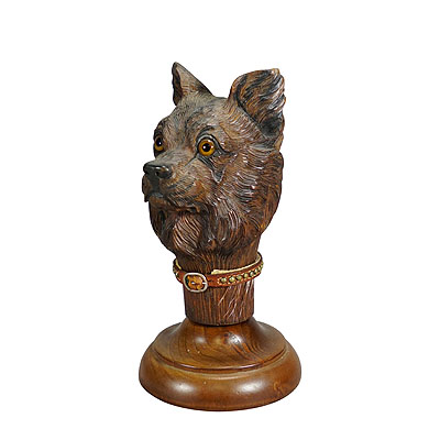 Antique Wooden Carved Head of a Norwich Terrier, Brienz ca. 1900.