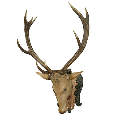 Large Antique Wooden Carved Black Forest Baroque Stag Head with 10 Point Trophy.