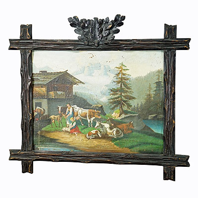 Oil Painting Folksy Scenery with Cattles, Goats and Farmer's Wifes, ca. 1900s.