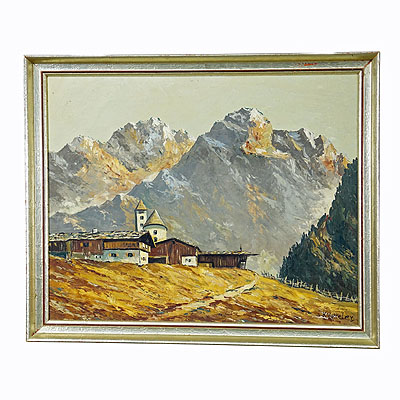 Alpine Landscape Oil Painting with Tyrolian Mountain Village.