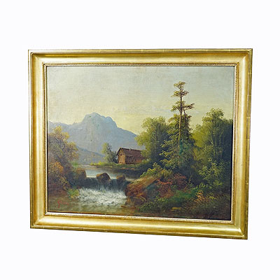 Painting Summerly Mountain Landscape with Water Fall and Mountain Hut, 19th century.