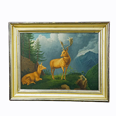 Antique Painting Fallow Deer with Doe in the Alps, Oil on Canvas 19th century.