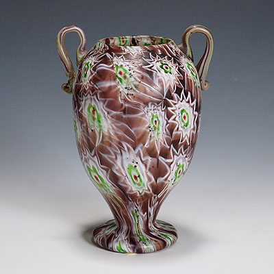 Antique Millefiori Vase in Purple, Green and White, Fratelli Toso Murano 1910.