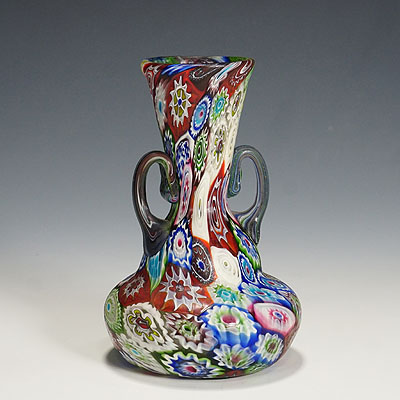 Antique Multicoloured Millefiori Vase with Handles, Fratelli Toso Murano 1910.