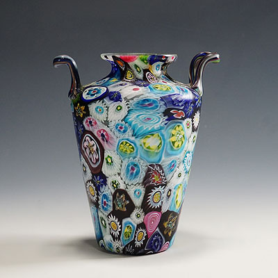 Large Multicoloured Millefiori Vase with Handles, Fratelli Toso Murano 1910.